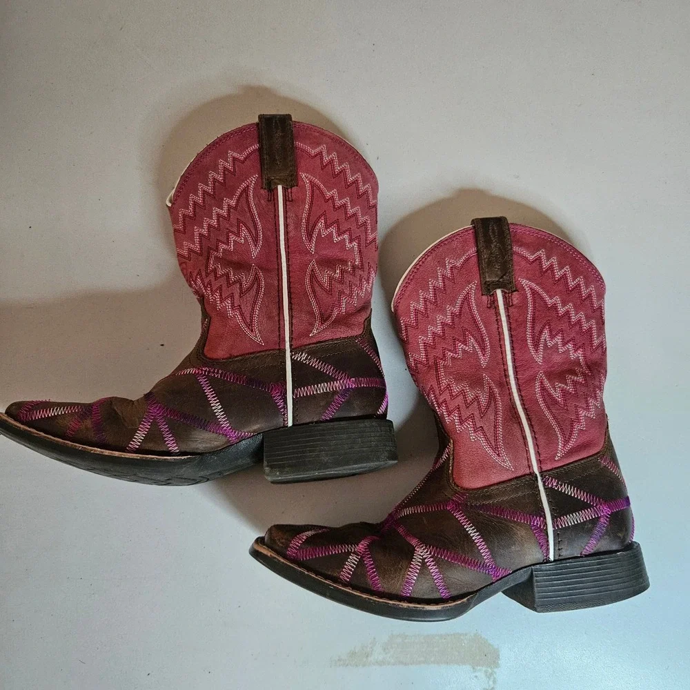 Ariat Youth Western Boots Brown Pink Purple Square Toe 10021594 Size 1